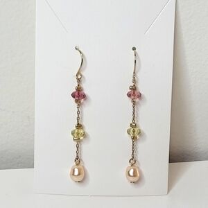 Dainty Pink Pearl Drop Purple Green Beaded Gold-Tone Chain Earrings